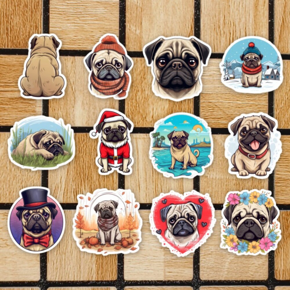 Pug Sticker Pack of 12 Vinyl Stickers - Waterproof Die Cut Sticker Set Dogs